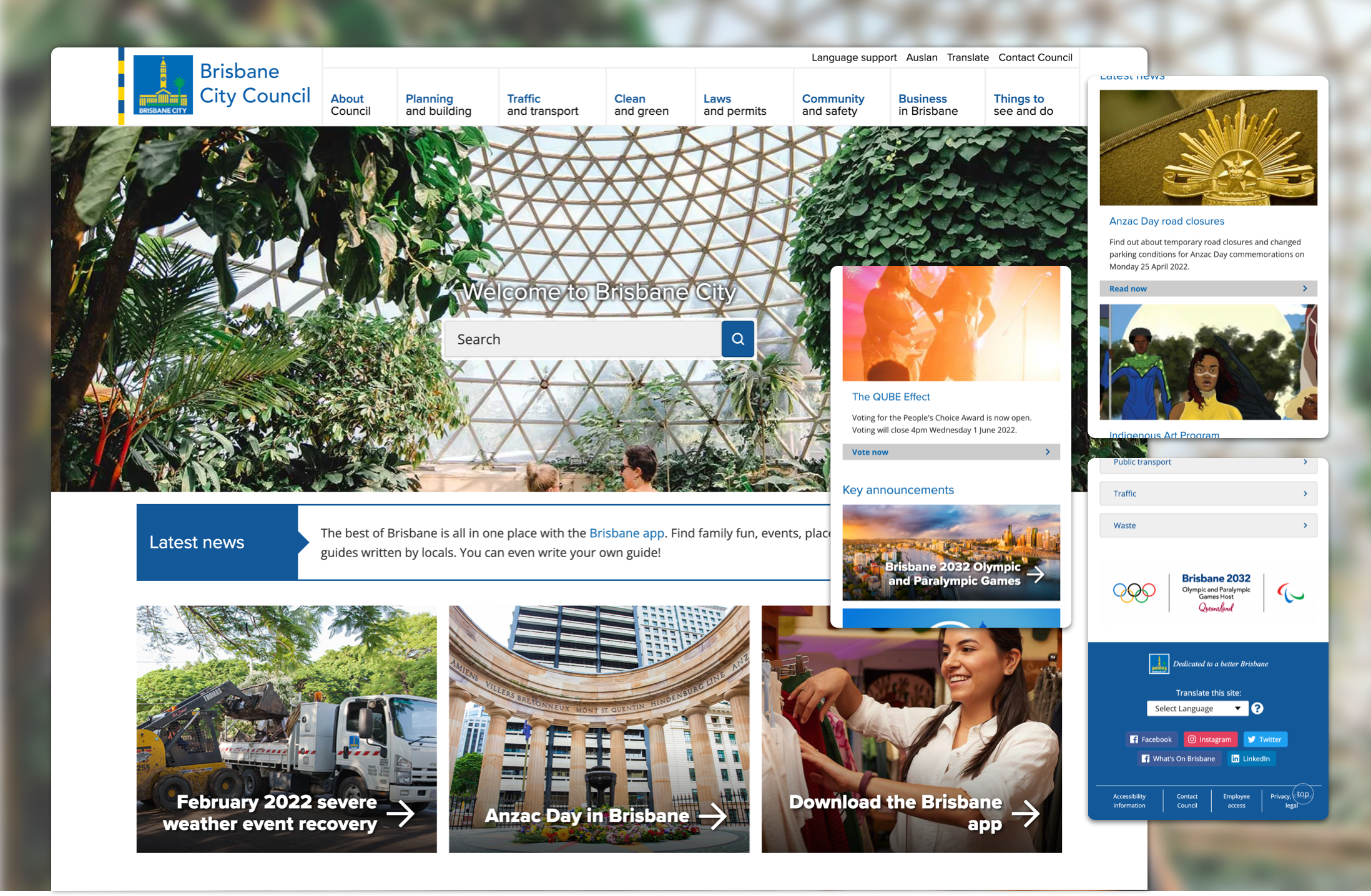 Brisbane City Council homepage with key features highlighted