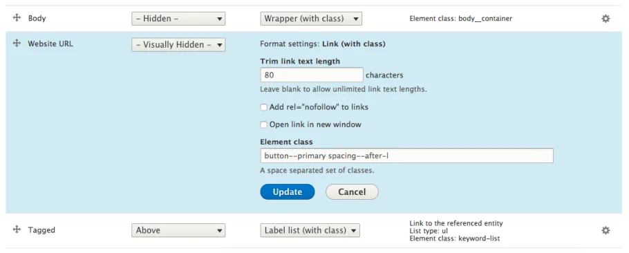 Setting classes on the configuration pane of a link field