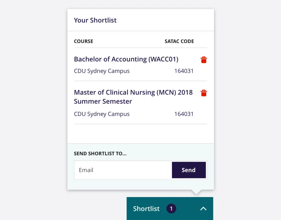 Charles Darwin University Shortlist component
