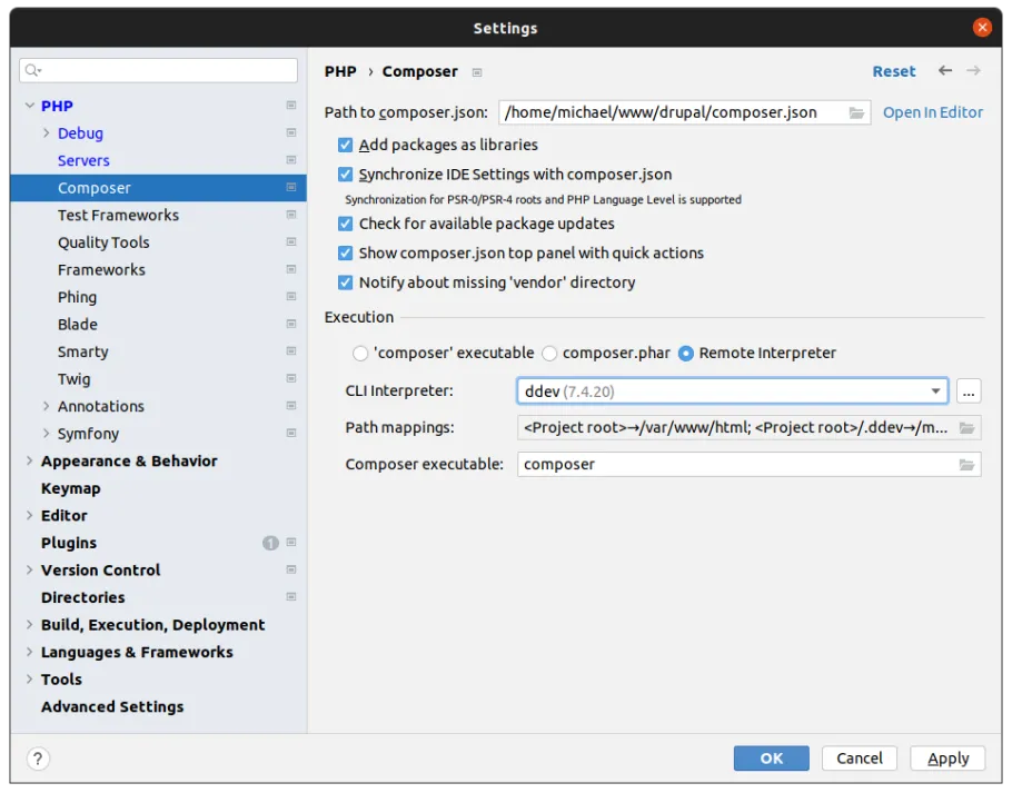 PHPStorm composer config