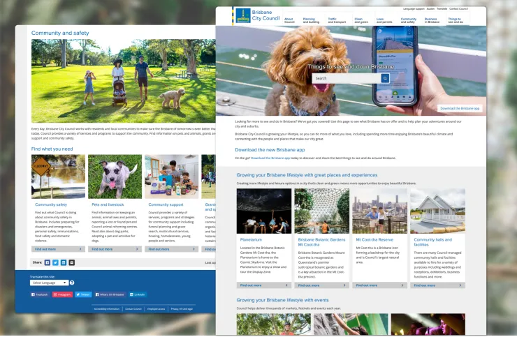 Brisbane City Council website featuring search and community and safety