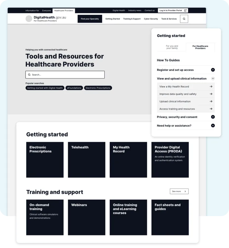 Australian Digital Health Agency website wireframe of tools and resources for healthcare providers section