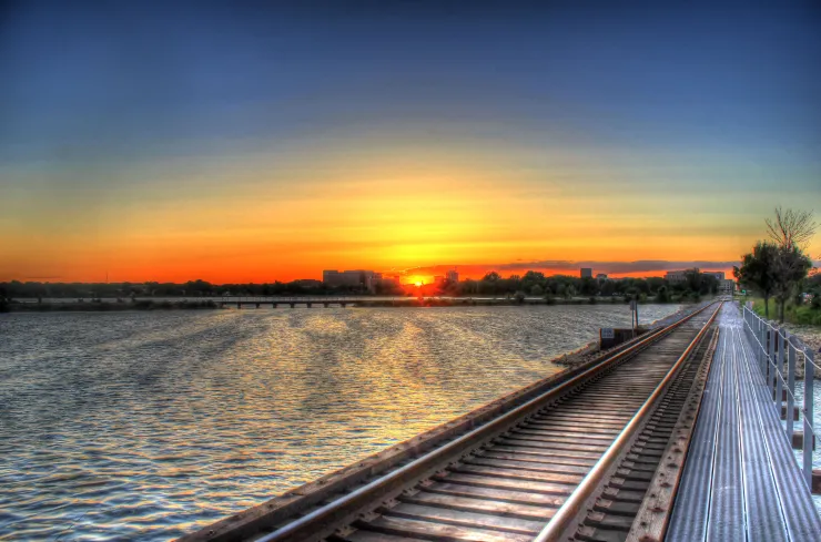 Sunset over the train tracks by Lake Monona in Madison, Wisconsin