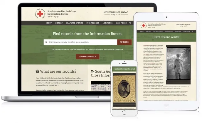 Screenshots of the Red Cross Information Bureau Centenary of Anzac website