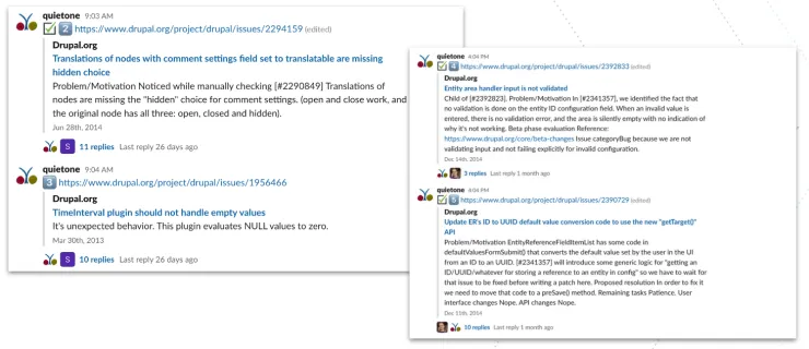 Screenshots of Drupal's Bugsmash slack channel threads