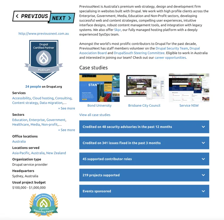Screenshot of PreviousNext's Drupal Association profile page
