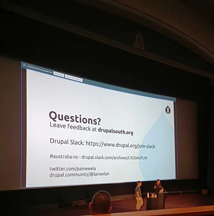 Lee Rowlands on stage with Pamela Barone at DrupalSouth