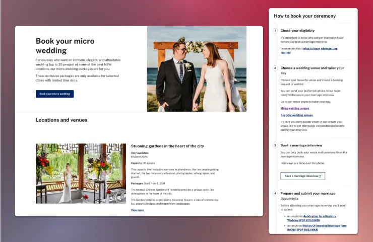 Screenshot of book your micro wedding landing page and how to book your ceremony