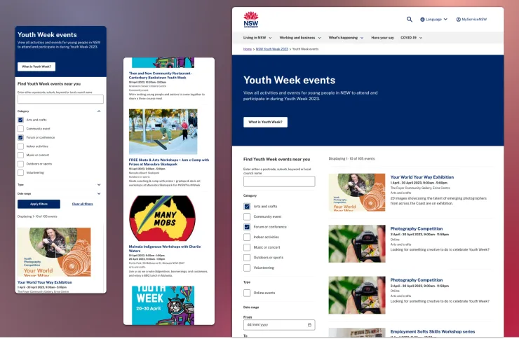 Screenshots of Youth Week events search results