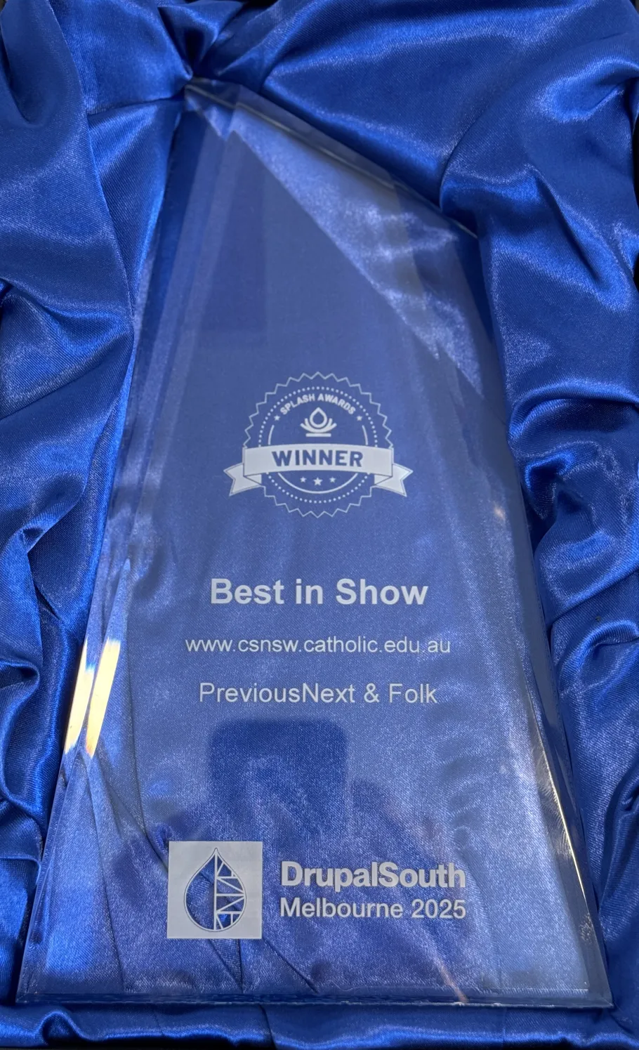 Best in show Splash Awards trophy for the Catholic Schools NSW website project