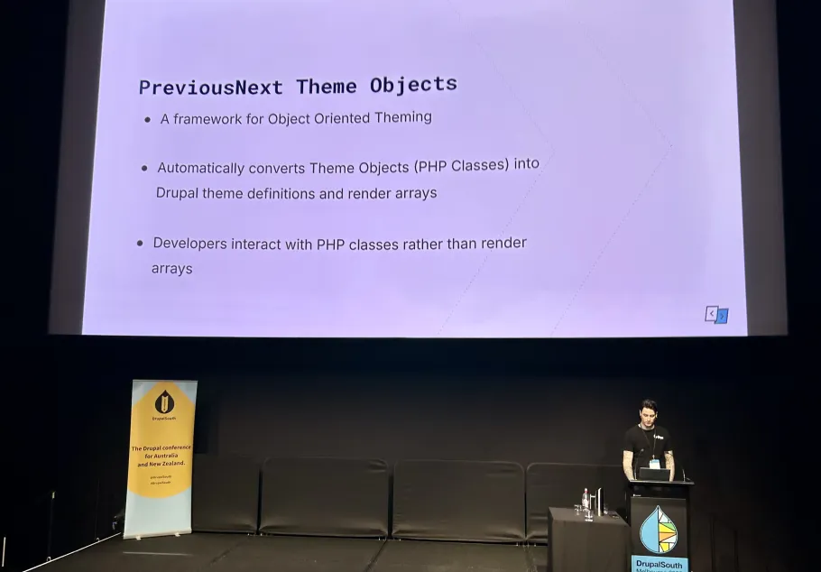 Adam Bramley presents Object oriented theming with Pinto at the DrupalSouth conference in Melbourne