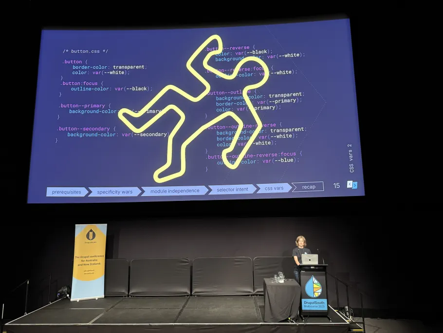 Tina Reymann presenting her CSS talk at DrupalSouth Melbourne 2025