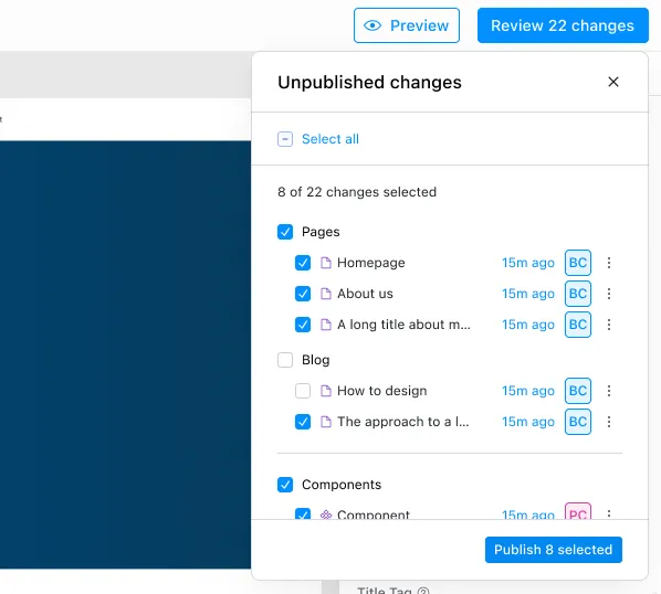 Experience Builder selective publishing screen