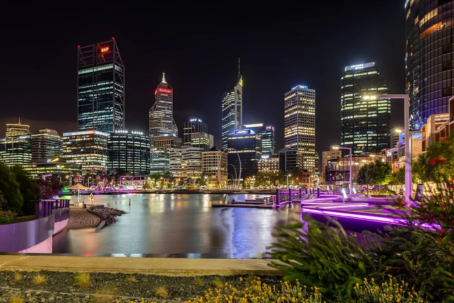 Perth city view of Elizabeth Quay at night