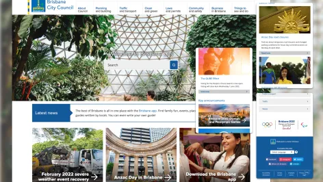 Brisbane City Council homepage with key features highlighted