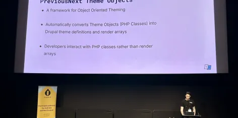 Adam Bramley presents Object oriented theming with Pinto at the DrupalSouth conference in Melbourne