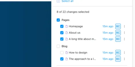 Experience Builder selective publishing screen