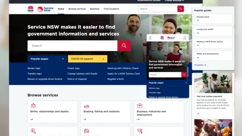 Screenshot of Service NSW homepage and range of services